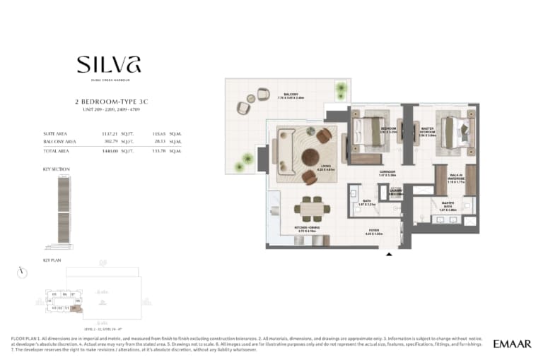 Silva by Emaar 2 Bedroom Type 3C Floor Plan