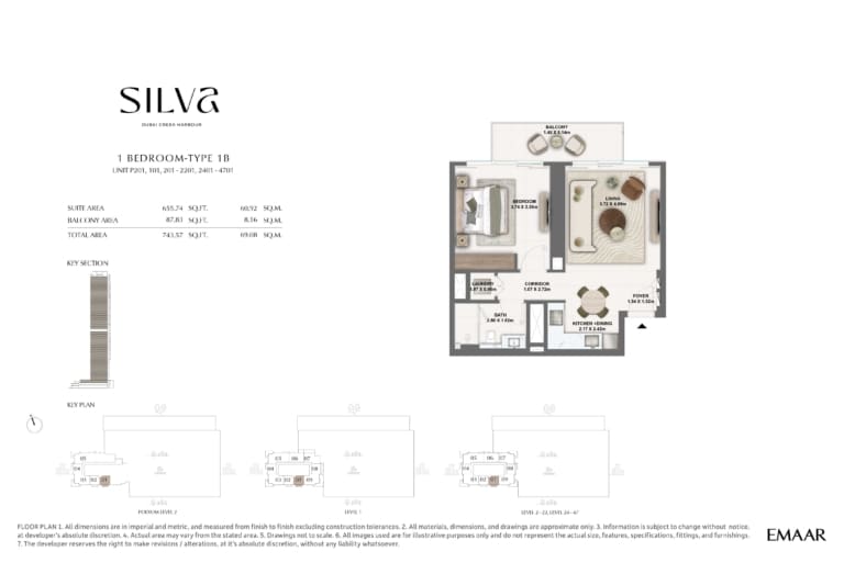 Silva by Emaar 1 Bedroom Type 1B Floor Plan