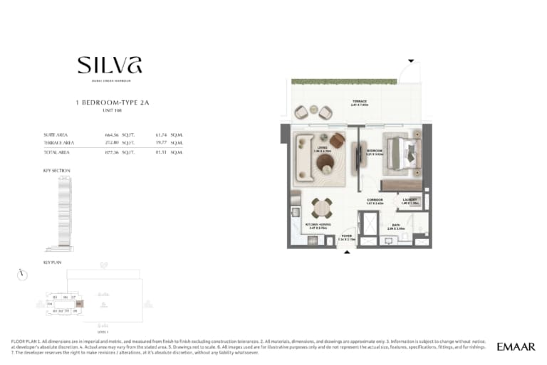Silva by Emaar 1 Bedroom Type 2A Floor Plan
