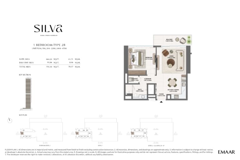 Silva by Emaar 1 Bedroom Type 2B Floor Plan
