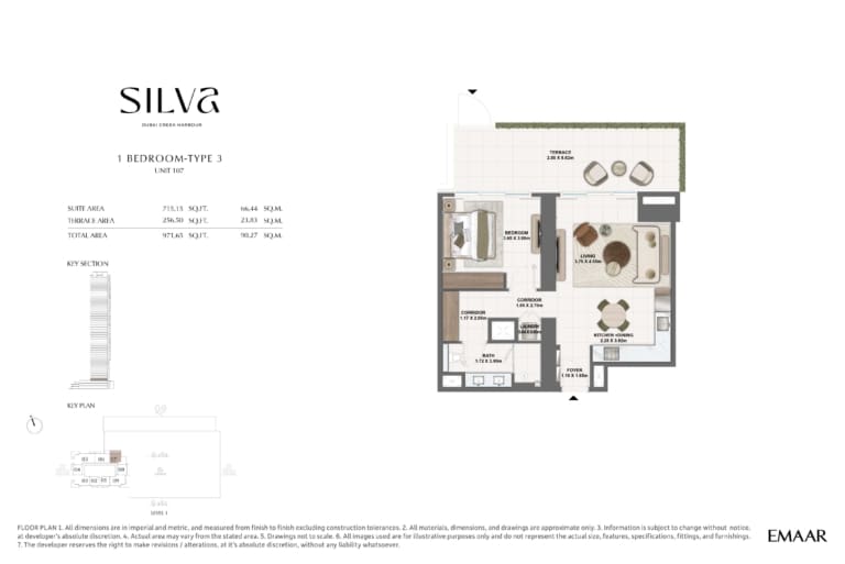 Silva by Emaar 1 Bedroom Type 3 Floor Plan