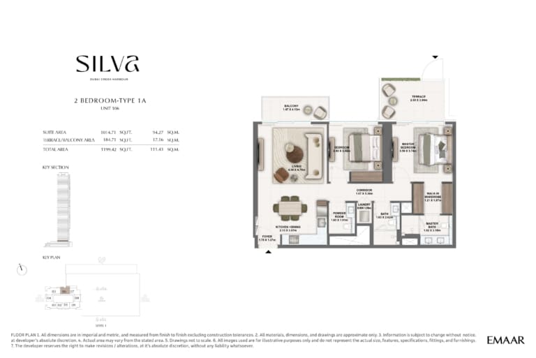 Silva by Emaar 2 Bedroom Type 1A Floor Plan