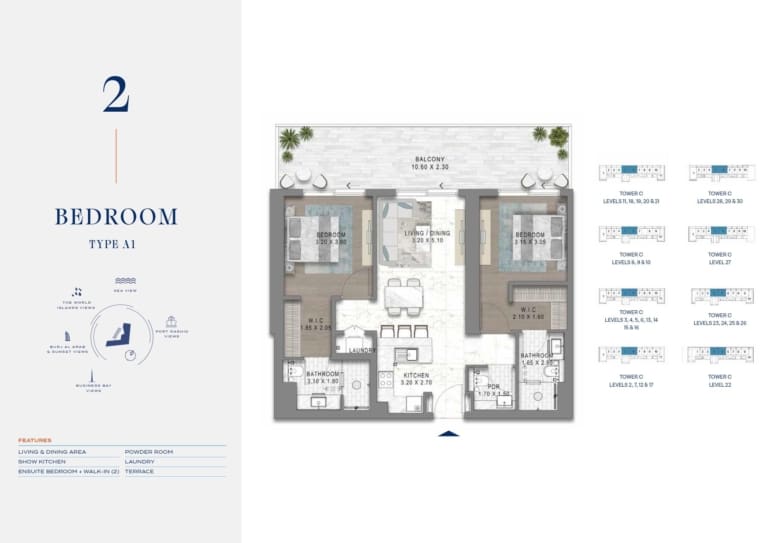 Chelsea by Damac 2 Bedroom Type A1 Floor Plan