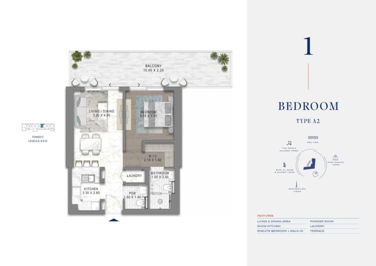 Chelsea by Damac 1 Bedroom Type A2 Floor Plan