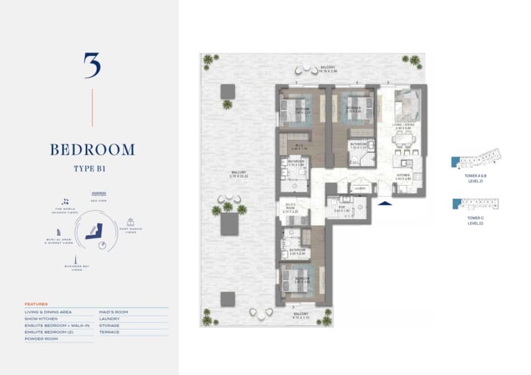 Chelsea by Damac 3 Bedroom Type B1 Floor Plan