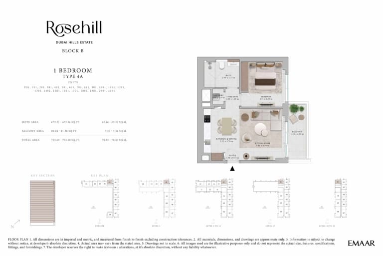 Rosehill by Emaar 1 Bedroom Apartment Type 4A Floor Plan