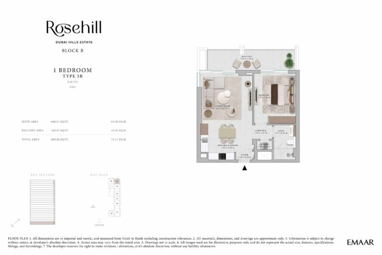 Rosehill by Emaar 1 Bedroom Apartment Type 5B Floor Plan