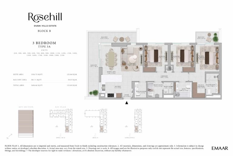 Rosehill by Emaar 3 Bedroom Apartment Type 3A Floor Plan