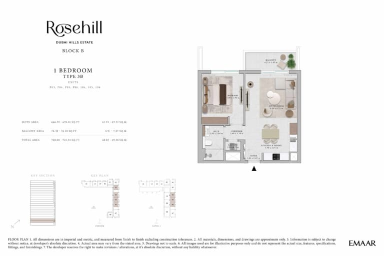 Rosehill by Emaar 1 Bedroom Apartment Type 3B Floor Plan