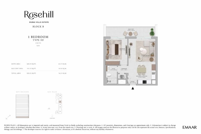 Rosehill by Emaar 1 Bedroom Apartment Type 3D Floor Plan