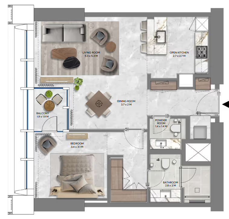 DIFC Heights 1 Bedroom Apartment Floor Plan
