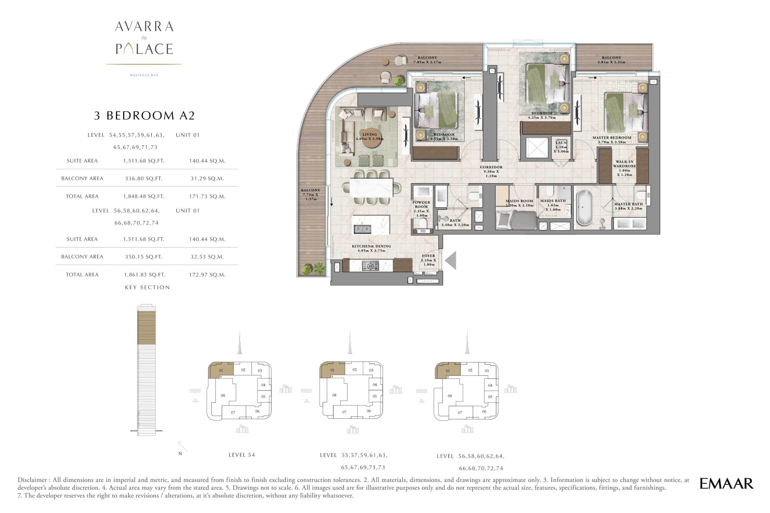Avarra by Palace Emaar 3 Bedroom Type A2 Floor Plan