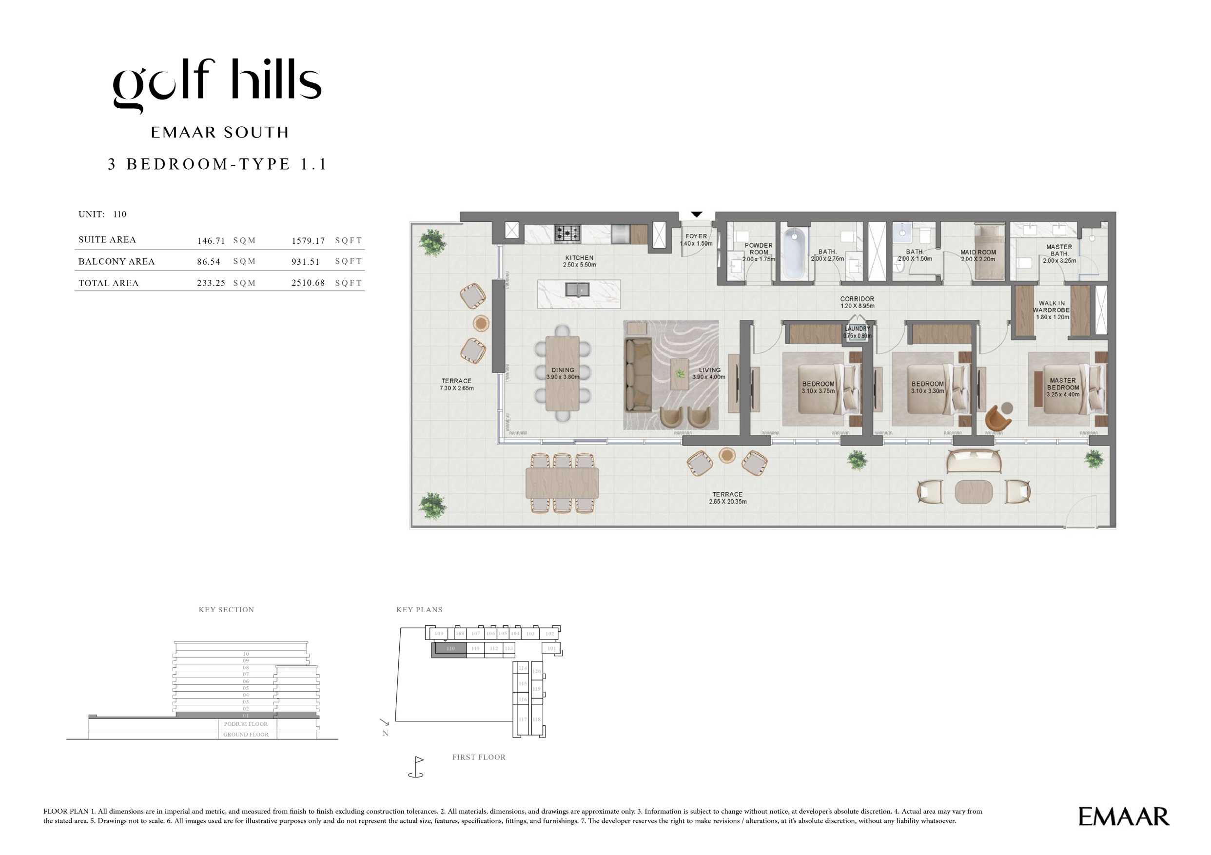 Golf Hills by Emaar 3 Bedroom Type 1.1 Floor Plan