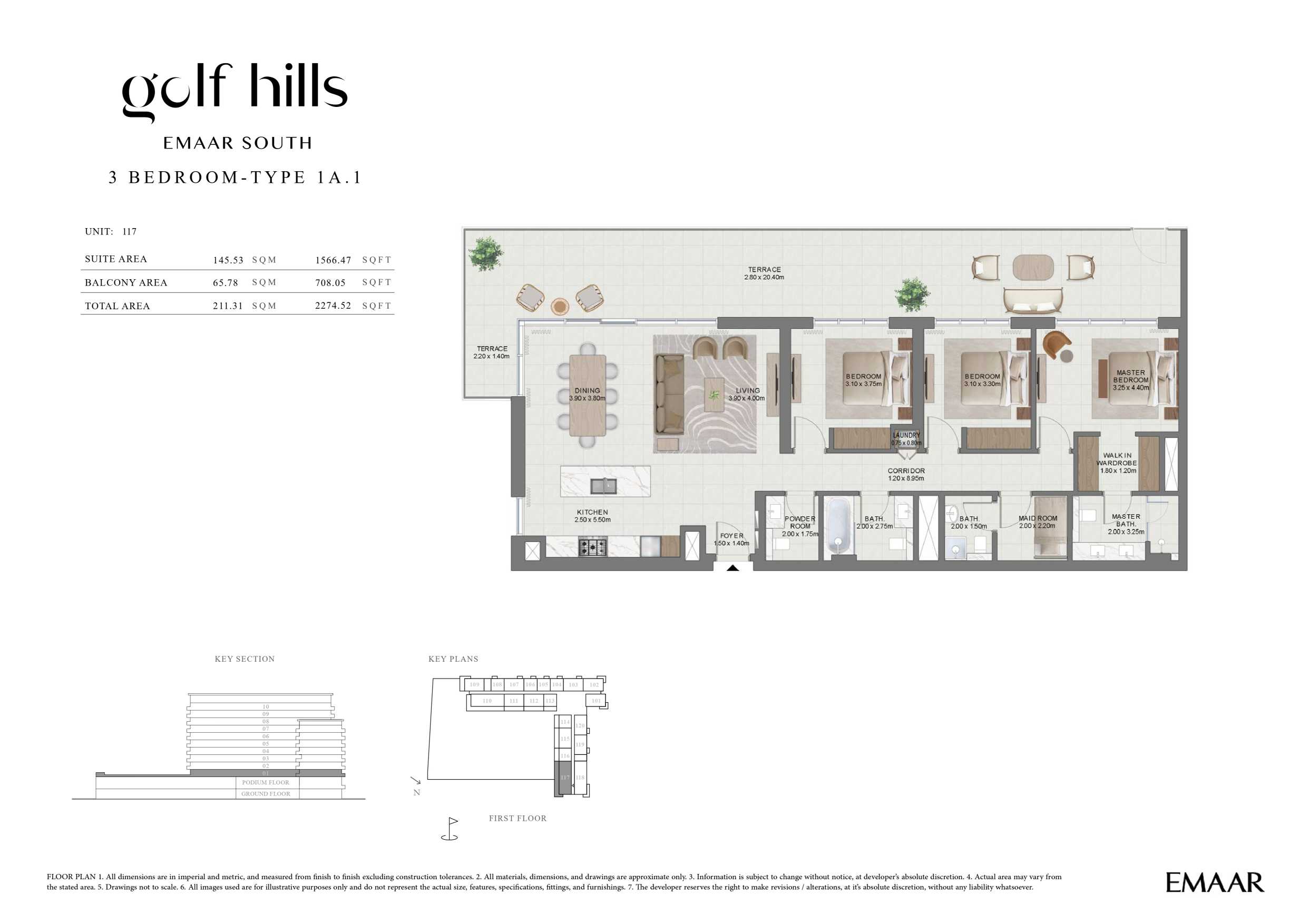 Golf Hills by Emaar 3 Bedroom Type 1A 1 Floor Plan