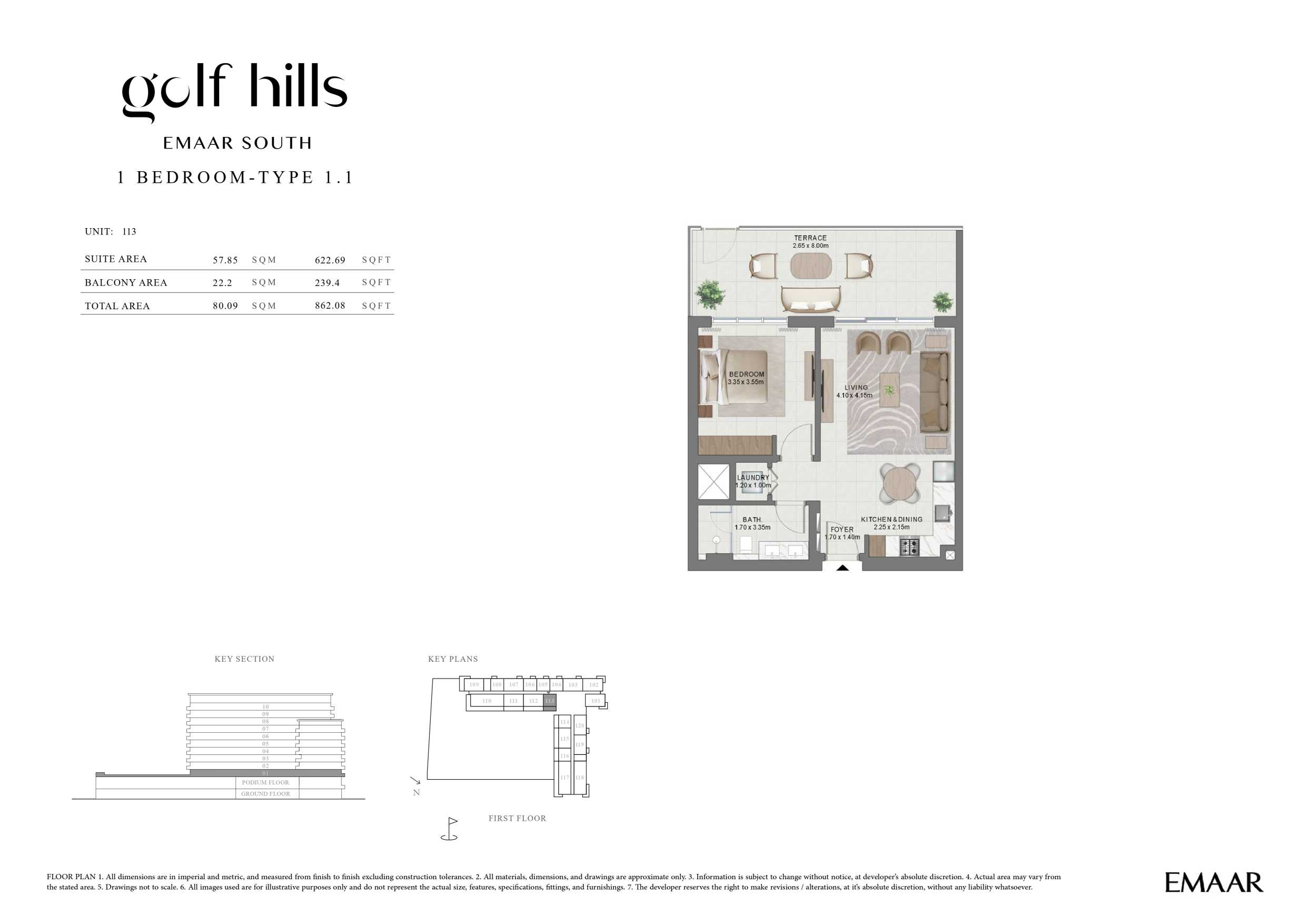 Golf Hills by Emaar 1 Bedroom Type 1.1 Floor Plan