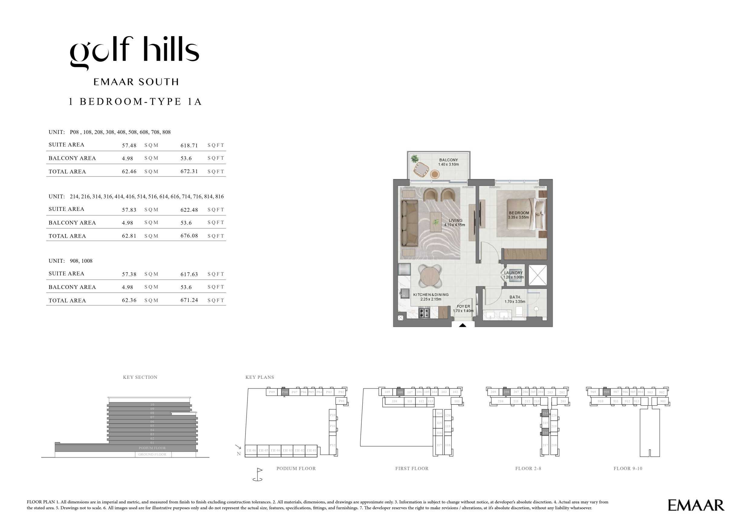 Golf Hills by Emaar 1 Bedroom Type 1A Floor Plan