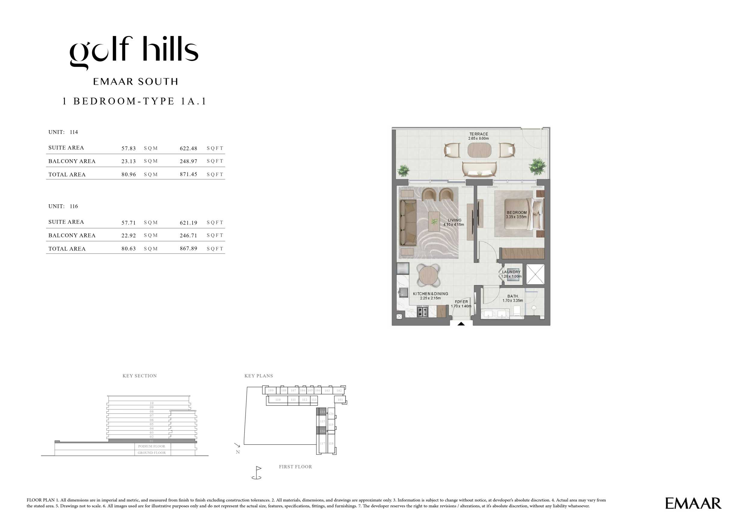 Golf Hills by Emaar 1 Bedroom Type 1A.1 Floor Plan