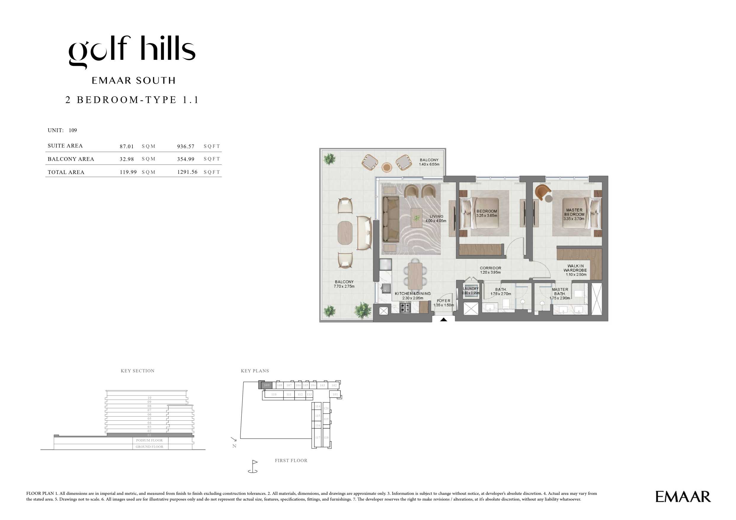 Golf Hills by Emaar 2 Bedroom Type 1.1 Floor Plan